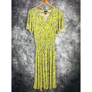 ModCloth Yellow Floral Retro Vintage Style Fit Flare V neck Dress Women's Small